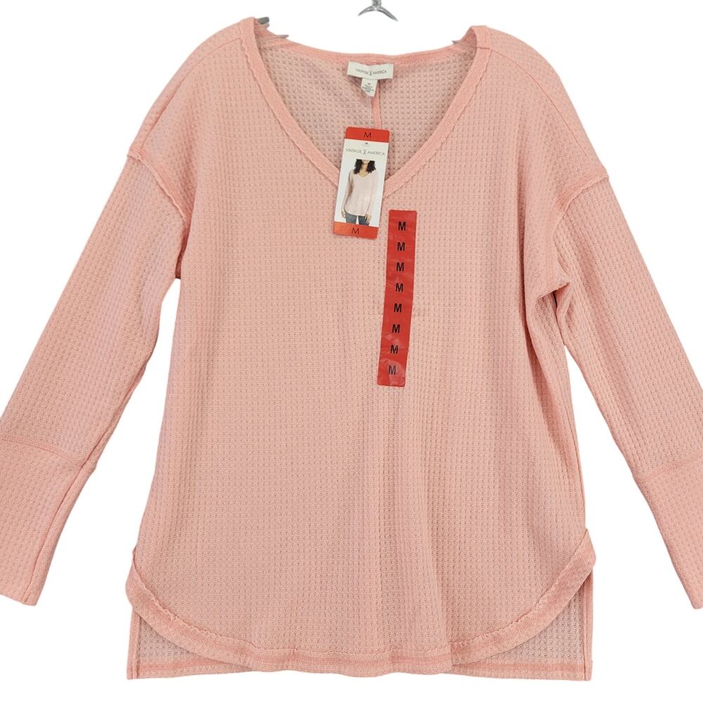Vintage America Pink Knit Shirt NEW Stretch Long Sleeves V-Neck Women Size M Top